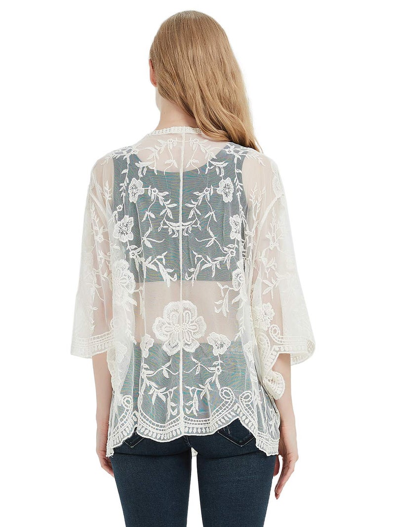 Anna-Kaci Womens Long Embroidered Lace Kimono Cardigan with Half Sleeves, Beige, One Size - Image 2